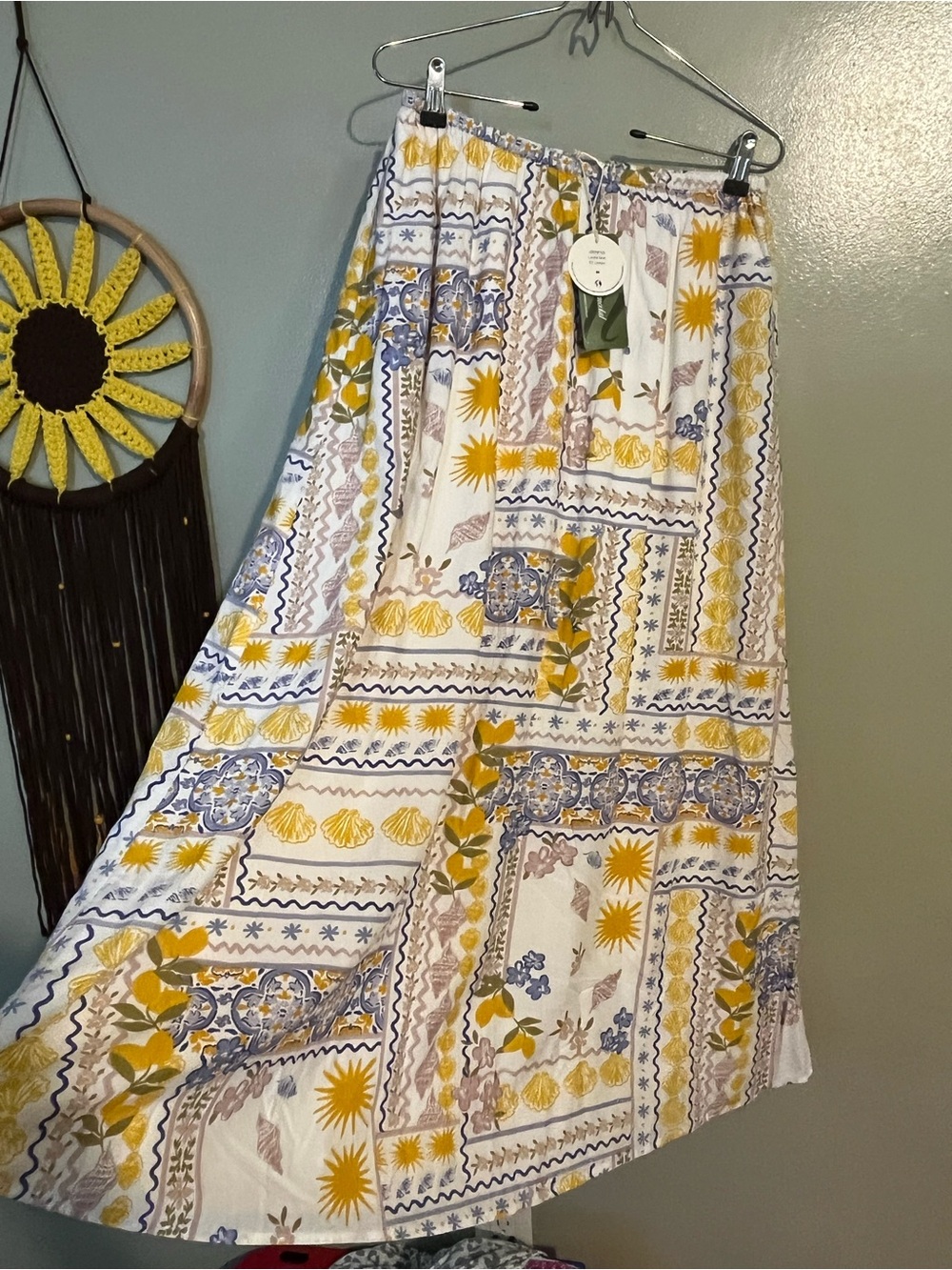 Lemon White Maxi Skirt with Yellow Blue Floral Patchwork Bila made in India M NW